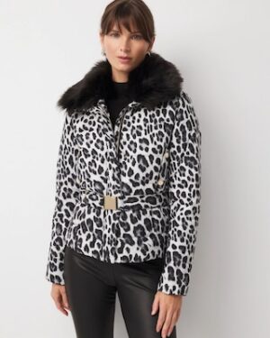Faux Fur Collar Leopard Puffer Jacket
