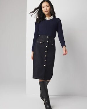 Petite Button Front Denim Midi Skirt