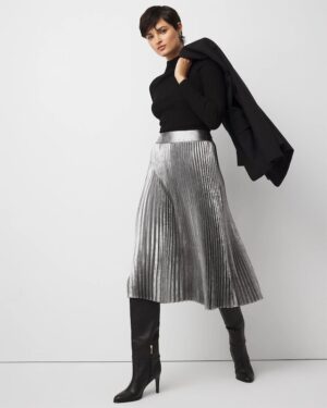 Petite Pleated Chiffon Metallic Midi Skirt