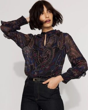 Petite Jacquard Ruffle Sleeve Chiffon Blouse