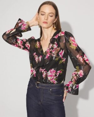 Sheer Metallic Clip Ruffle Blouse