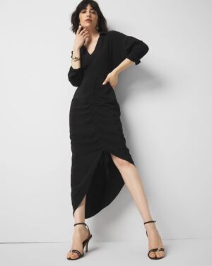 Ruched Crepe Midi Shirt Dress