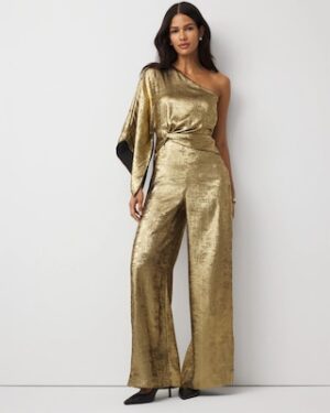 Petite One-Shoulder Metallic Chiffon Jumpsuit