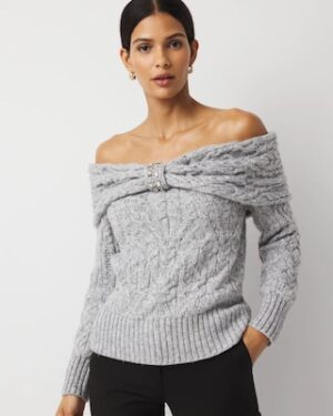 Petite Off-The-Shoulder Rhinestone Cable Knit Sweater