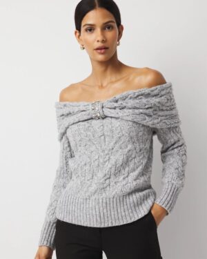 Petite Off-The-Shoulder Rhinestone Cable Knit Sweater