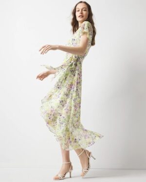 Short Sleeve Flutter Wrap Midi Dress