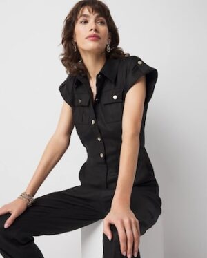Petite Linen-Blend Short-Sleeve Utility Jumpsuit