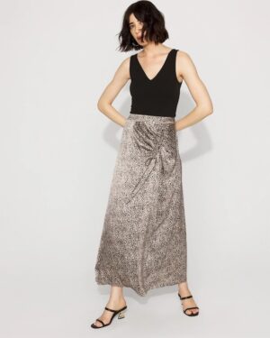 Petite Satin Leopard Cinched Skirt